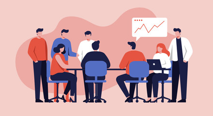 Diverse business team collaborating in a modern office, discussing growth and strategy with data analysis. Ideal for concepts of teamwork, success, and corporate meetings.