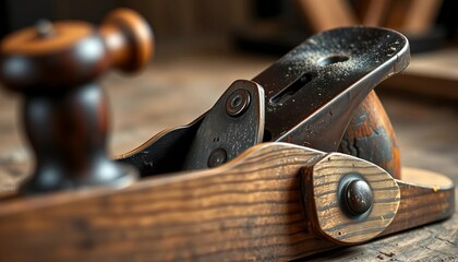 Close-up of vintage woodworking plane, showing meticulous craftsmanship and wear from use,  durable,  antique tool