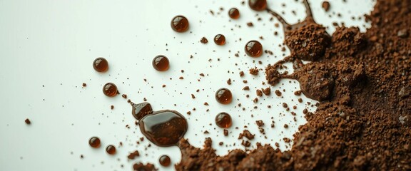 Close-up of wet mud splatters and water droplets on white , texture background, water