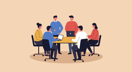 A diverse team collaborates in a business meeting, fostering ideas and teamwork around a table with laptops. This illustration depicts productivity and corporate communication.