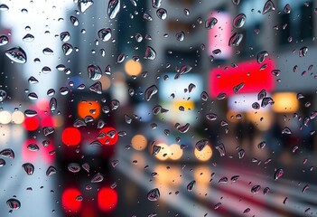 Close-up raindrops on glass, blurred city backdrop,  city,  detail
