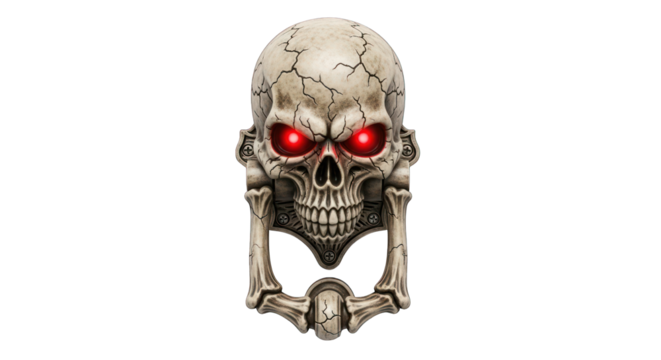 Skull door knocker with red eyes on transparent background