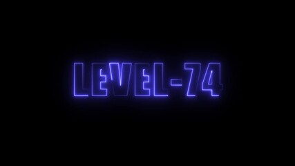 Neon blue glowing text L E V E L 74 on black background futuristic digital display animation - Powered by Adobe