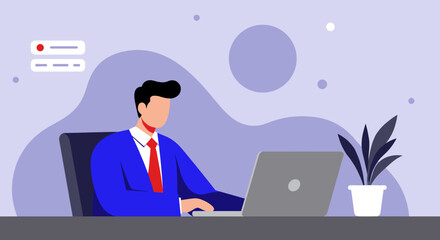 A professional man works diligently on his laptop in a modern office, representing business, technology, and productivity.