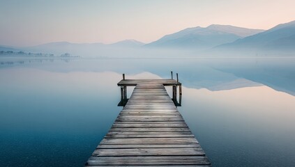 Naklejka premium Tranquil lake dock at dawn (1)