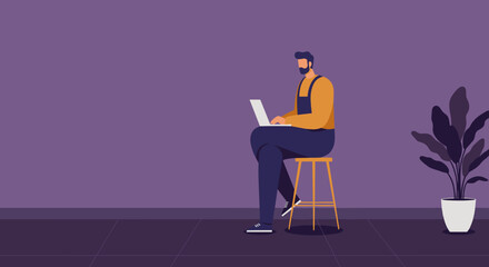 Man working on laptop in a modern, minimalist home office. Ideal for concepts of remote work, freelancing, and digital connectivity.