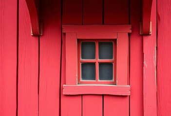 Crimson-painted wooden house detail; small window, weathered wood texture,  aged,  wooden house