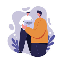 Two men collaborating on a volunteering activity, holding a sign. This illustration represents community service, social responsibility, and helping others.