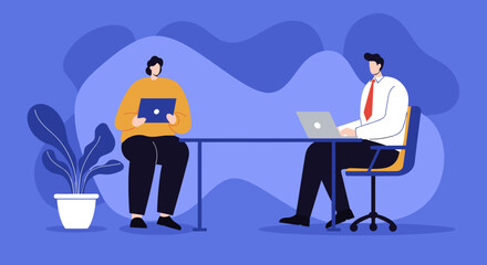 Two business professionals are collaborating on a project in a modern office setting, using laptops and tablets to discuss ideas and strategies for growth.