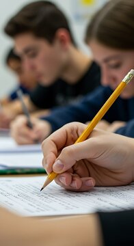 The hand of a student working diligently, holding a pencil and writing on a form