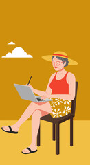Elderly woman in a hat and summer attire works remotely on her laptop in a sunny outdoor setting, embodying a modern, active senior lifestyle with technology and travel.