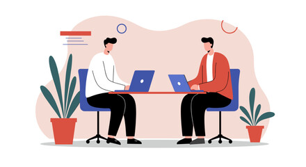 Two men professionally collaborate on laptops at a modern office desk, embodying teamwork, productivity, and digital communication for business or education.