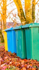 Colorful recycling bins in autumn leaves