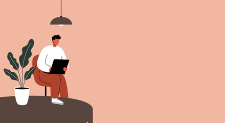 Man working remotely on a laptop in a cozy, minimalist home office setting. Ideal for business, freelance, online education, or modern lifestyle themes.