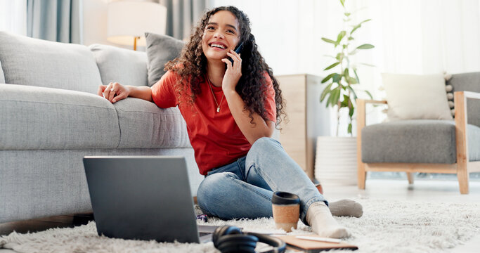 Woman, phone call and student on floor in home, happy and contact with chat, listen or gossip in lounge. Girl, smartphone and smile with conversation, funny story or laugh at joke in living room - Powered by Adobe