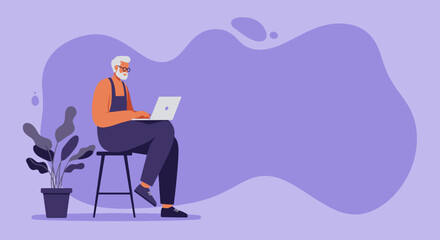 Elderly man actively uses a laptop for remote work or online learning, embodying modern senior engagement with technology and digital lifestyle. Copy space.