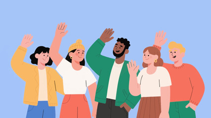 Diverse group of friends waving hello against a light blue background