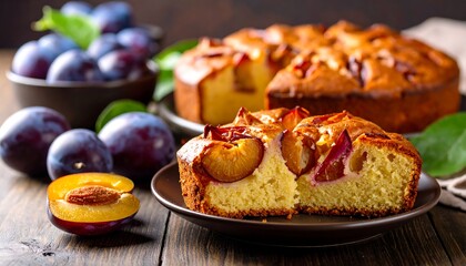 Plum cake slice on dark wooden background