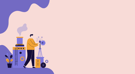 A male character works with gears in a stylized industrial setting, representing innovation, engineering, and efficient process development. Ideal for business, technology, or production concepts.