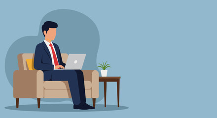 Professional man in a suit working on a laptop from a comfortable armchair, depicting remote work, home office, or a flexible business lifestyle. Ideal for modern work concepts.