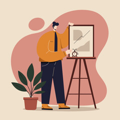Man presenting a modern graphic chart on an easel with an alarm clock, representing business growth, strategic planning, and efficient time management. Useful for corporate themes.