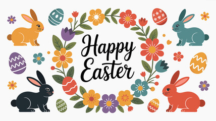 Happy Easter illustration with colorful bunnies, eggs, and floral wreath design
