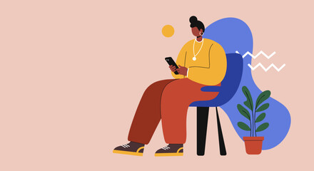 Stylish diverse woman sitting and engrossed in her smartphone, symbolizing modern digital communication, social media, and connectivity in a casual setting.