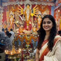 Obraz premium Portrait of woman in saree at colorful pandal. Bengali woman with lotus at puja pandal on the occasion of Durga Puja
