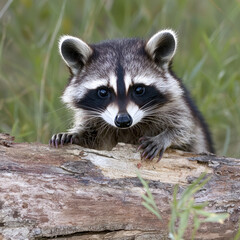 Curious raccoon peeks over fallen log, showcasing its playful nature and striking features