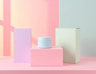 Pastel-colored cosmetic product display.  Light-filled studio shot of a light-blue cosmetic jar on a pink platform, surrounded by pastel-colored boxes