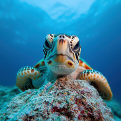 Curious sea turtle peeking out from behind rock, showcasing vibrant colors and intricate