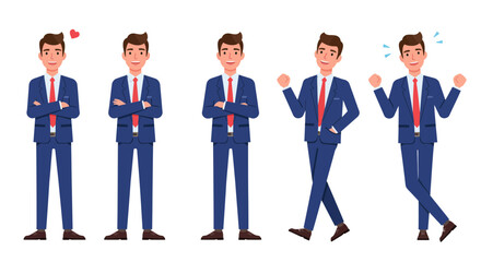 Set of happy young businessman in blue suit expressing positive emotions