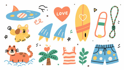 Summer vacation themed colorful vector illustration with beach elements