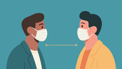 Fototapeta premium Two men maintaining social distance wearing face masks illustration
