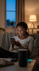 Woman Relaxing at Night Using Smartphone.