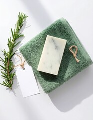 A soft green towel, a bar of white soap, and rosemary sprigs on a white surface