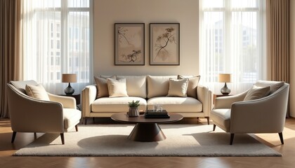 Fototapeta premium Stylish living room features comfortable sofa, armchairs around modern coffee table. Natural light streams through large windows, illuminating elegant decor including artwork, lamps. Soft rug, plush
