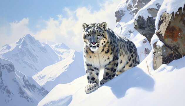 A majestic snow leopard gazes across a breathtaking snowy mountain range, showcasing the beauty of the wild in a serene and sunlit landscape.