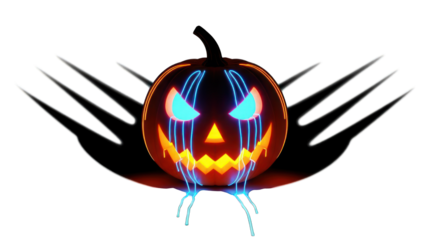 Neon halloween pumpkin with wings on transparent background