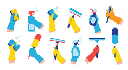 Hands in colorful gloves holding cleaning tools, ready for a spotless home and sparkling shine.