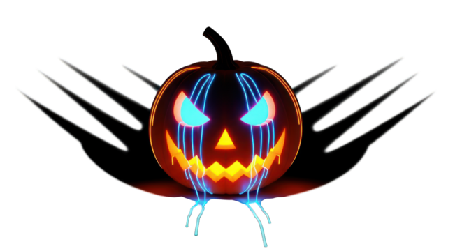 Neon halloween pumpkin with wings on transparent background