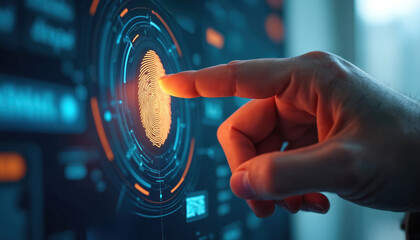 Finger touches touchscreen activating biometric security system. Orange fingerprint scan integrated with futuristic digital interface. Modern technology for authentication, data protection, privacy.