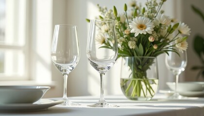 Elegant table setting featuring clear wine glasses and a white flower bouquet on a white tablecloth. Soft sunlight creates a warm, airy ambience, perfect for romantic dinners or festive celebrations.