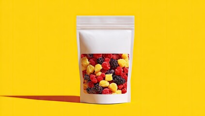 White pouch filled with colorful fruit snacks on a yellow background