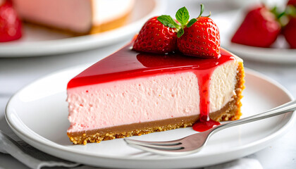 Close-up of strawberry cheesecake slice with glossy glaze, on white ceramic plate