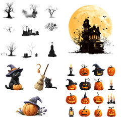 Halloween, pumpkin, witch hat cat and spider web symbols isolated on transparent background, set of images, spooky holiday decorations

