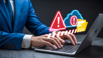 Businessman working on laptop with cloud data security warning icons computer