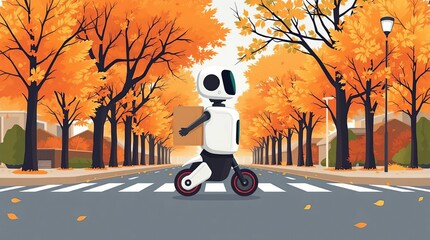 Robot delivery autumn street.