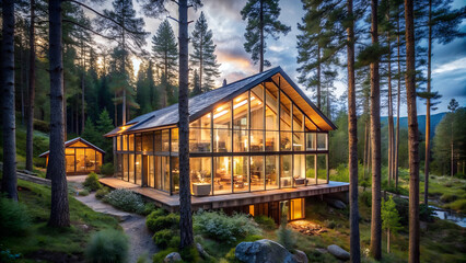 
Luxury eco-lodge built with wood and glass in remote forest