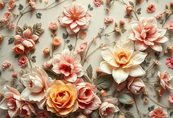 Intricate vintage floral wallpaper with lush blooms and delicate foliage in muted tones,  seamless pattern,  vintage art